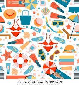 Seamless pattern on summer beach holiday. Beach accessories. Man and woman on the beach. Flat style.