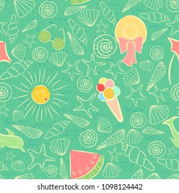 Seamless Pattern on Summer Sea Vacation Theme with Sea Shells, Ice Cream, Dolphins, Funny Sun and other Stuff. Vector EPS 10
