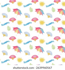 Seamless pattern on a summer theme with a bright umbrella, fan, sun and the inscription summer