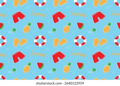 Seamless pattern on a summer theme with swimming trunks, fins, pineapple, cocktail, watermelon, life preserver, summer inscriptions.