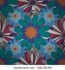 Seamless pattern is on swatches panel. Vector pattern, repeating grunge line of abstract beige, violet and blue flowers or leaves.