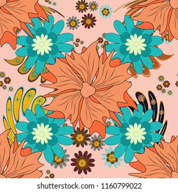 Seamless pattern is on swatches panel. Vector pattern, repeating grunge line of abstract blue, orange and pink flowers or leaves.