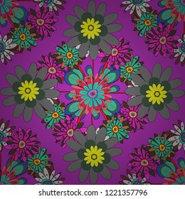 Seamless pattern is on swatches panel. Vector pattern, repeating grunge line of abstract blue, violet and gray flowers or leaves.