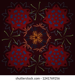 Seamless pattern is on swatches panel. Vector pattern, repeating grunge line of abstract red, blue and brown flowers or leaves.
