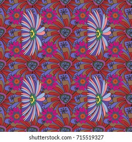 Seamless pattern is on swatches panel. Vector pattern, repeating grunge line of abstract red, brown and violet flowers or leaves.
