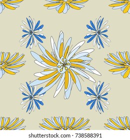 Seamless pattern is on swatches panel. Vector pattern, repeating grunge line of abstract blue, yellow and purple flowers or leaves.