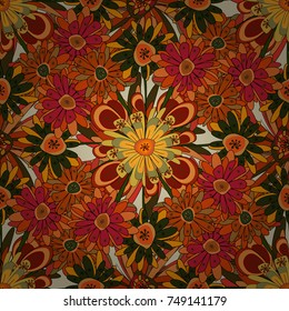 Seamless pattern is on swatches panel. Vector pattern, repeating grunge line of abstract red, black and orange flowers or leaves.