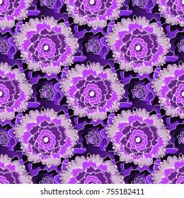 Seamless pattern is on swatches panel. Vector pattern, repeating grunge line of abstract black, purple and violet flowers or leaves.