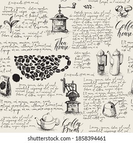 Seamless pattern on tea and coffee theme with drawings, blobs and handwritten lorem ipsum text in vintage style. Suitable for vector wallpaper, wrapping paper, background or fabric