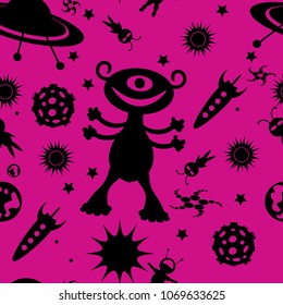 Seamless pattern on the theme of alien life in the universe.