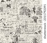 Seamless pattern on the theme of Ancient Greece. Creative vector background with sketches and illegible scribbles imitating Greek text in retro style. Suitable for wallpaper, wrapping paper or fabric