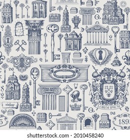 Seamless pattern on a theme of ancient architecture and art. Hand-drawn vector background with vintage buildings, architectural elements, coat of arms and old keys. Wallpaper, wrapping paper, fabric