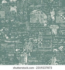 Seamless pattern on the theme of Ancient Greece. Creative vector background with sketches and illegible scribbles imitating Greek text in retro style. Suitable for wallpaper, wrapping paper or fabric