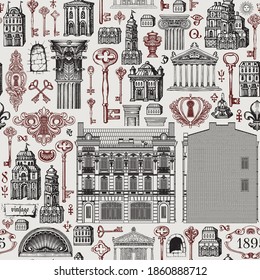 Seamless pattern on the theme of architecture, houses and buildings. Repeating vector background with hand-drawn vintage buildings, architectural elements and old keys. Wallpaper, wrapping paper