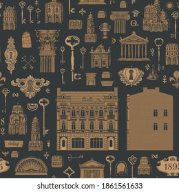 Seamless pattern on the theme of architecture, houses and buildings. Vector background with hand-drawn vintage buildings, architectural elements and old keys. Suitable for wallpaper, wrapping paper