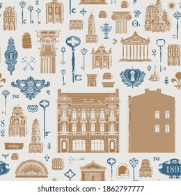 Seamless pattern on the theme of architecture, houses and buildings. Repeating vector background with vintage buildings, architectural elements and old keys. Suitable for Wallpaper, wrapping paper