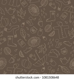 Seamless pattern on the theme of autumn, a simple outline beige outline on a brown background