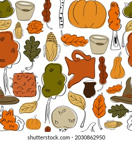 Seamless pattern on the theme of autumn. Stylized image of autumn plants and household items.