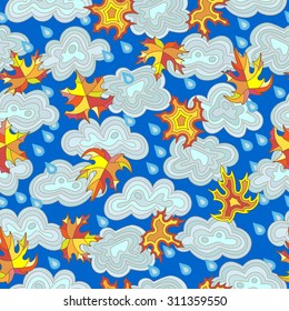 Seamless pattern on the theme of autumn with clouds , the maple leaf and rain drops in the sky