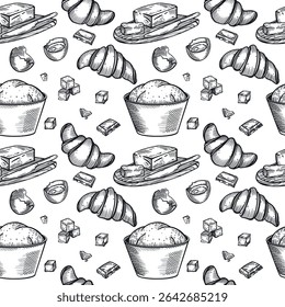Seamless pattern on the theme of baking. A bowl of dough, croissants, chocolate slices, a chicken egg, butter in a butter dish. All objects are hand-drawn with ink. For printing on packaging, paper.
