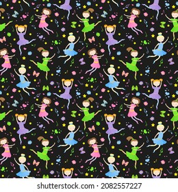 Seamless pattern on the theme of ballet and dance, cute girls dancers on a dark background