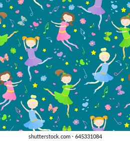 Seamless pattern on the theme of ballet and dance, cute girls dancers on a dark background
