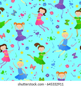 Seamless pattern on the theme of ballet and dance, cute girls dancers on a blue background