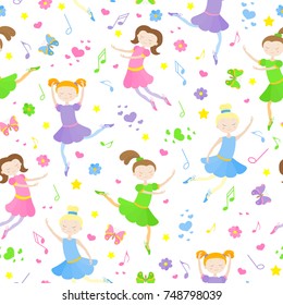 Seamless pattern on the theme of ballet and dance, cute girls dancers on a white background
