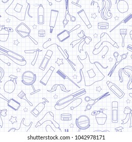 Seamless pattern on the theme of the Barber shop, the tools and accessories of the hairdresser, a simple contour icons, blue  contour  icons on the clean writing-book sheet in a cage