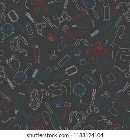 Seamless pattern on the theme of the Barber shop, the tools and accessories of the hairdresser,simple contour icons are drawn with colored chalks on the dark school Board