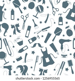 Seamless pattern on the theme of the Barber shop, the tools and accessories of the hairdresser, a simple contour icons, grey silhouettes icons on a white background 