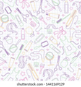 Seamless pattern on the theme of the Barber shop, the tools and accessories of the hairdresser,simple contour icons are drawn with colored markers on the clean writing-book sheet in a cage