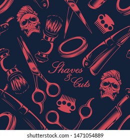 Seamless pattern on the theme of barber shop on a dark background.