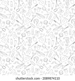 Seamless pattern on the theme of the Barber shop, the tools and accessories of the hairdresser, a simple contour icons, black contour on white background