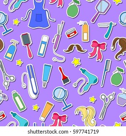 Seamless pattern on the theme of the Barber shop, tools, and accessories of Barber, colored stickers icons on a purple background