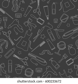 Seamless pattern on the theme of the Barber shop, the tools and accessories of the hairdresser, a simple contour icons, white contour on dark background