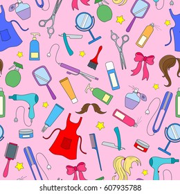 Seamless pattern on the theme of the Barber shop, tools, and accessories of Barber, colored icons on a pink background