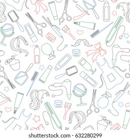 Seamless pattern on the theme of the Barber shop, the tools and accessories of the hairdresser,simple contour icons are drawn with colored markers on white background