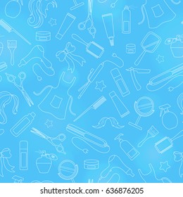 Seamless pattern on the theme of the Barber shop, the tools and accessories of the hairdresser, light contour on blue background