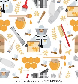 seamless pattern on the theme of beekeeping. image of a beekeeper, his tools, hives, jars of honey and bees in a flat cartoon style. stock vector illustration. EPS 10.