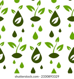Seamless pattern on the theme of biodiesel, fuel in green colors. Plants, drop, drop with a leaf on white. Flat vector illustration. The pattern of the eco-fuel symbol. Printing textiles, paper