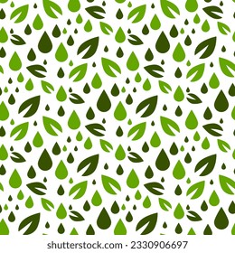Seamless pattern on the theme of biodiesel, fuel in green colors. Green leaves with drops on white. Flat vector illustration. The pattern of the eco-fuel symbol. Printing textiles, paper