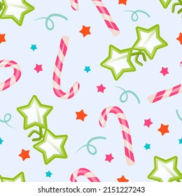 
Seamless pattern on the theme of the birthday. Vector illustration depicting lollipop and glasses