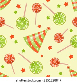 Seamless pattern on the theme of the birthday. Vector illustration depicting a cap and a lollipop