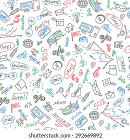 Seamless pattern on the theme of business on a light background drawn with colored markers