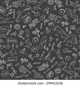 Seamless pattern on the theme of business and work in white on a dark background
