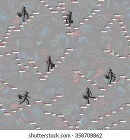 Seamless pattern on a theme business running down the stairs the girls on the background of graphs and icons