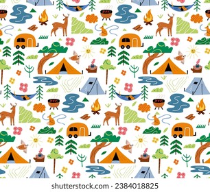 Seamless pattern on the theme of camping. Vector background with tents, and trailer, animals and trees.