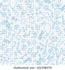 Seamless pattern on the theme of childhood, fun and friendship, a simple hand-drawn icons, blue  contour  icons on the clean writing-book sheet in a cage