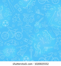 Seamless pattern on the theme of childhood and toys, toys for boys, light contour icons on blue background